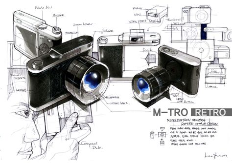 M-Tro Camera by Juan Lee, via Behance Industrial Design Portfolio, Camera Drawing, Object Drawing, Industrial Design Sketch, Sketch Markers, Sketch Inspiration, Illustration Sketches, Technical Drawing, Design Living