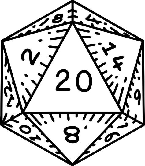 Black and White Tattoo linework Style natural 20 D20 dice roll Dice Tattoo, Black And White Tattoo, Tattoo Linework, 20 Sided Dice, D20 Dice, Dungeons And Dragons Dice, Line Work Tattoo, Character Creator, White Tattoo