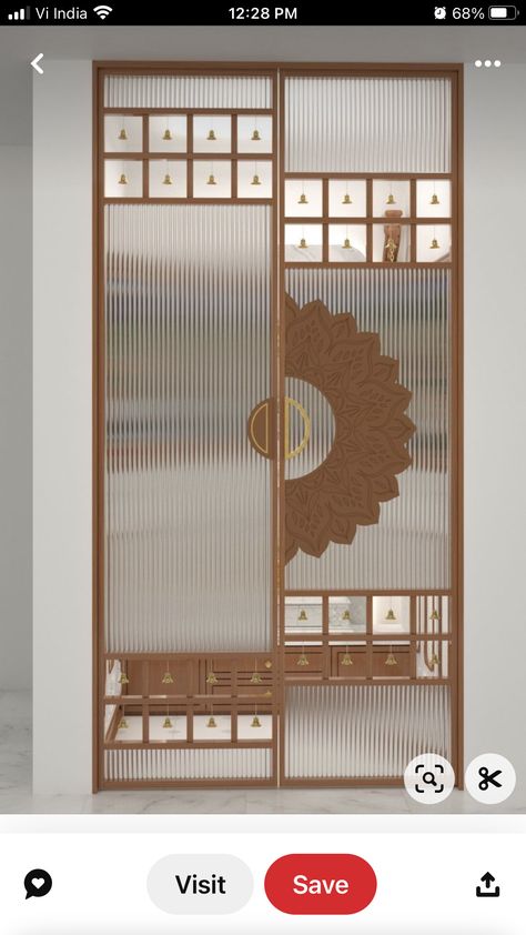 Mandir Side Partition Design, Fluted Glass Pooja Door, Temple Partition Design, Temple Design For Home With Door, Puja Door Design, Pooja Room Partition Design, Mandir Door Design For Home, Mandir Doors, Puja Room Door Design