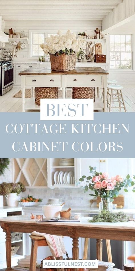 Dreaming of a kitchen that's both charming and chic? We've rounded up the best cottage kitchen cabinet colors to help you create a space that's both inviting and stylish. From classic whites to soft pastels and warm wood tones, we've got all the inspiration you need to give your kitchen a fresh, cozy makeover. #cottagekitchen #kitchendesign #kitchencabinetscolors English Cottage Style Kitchen Cabinets, Blue Cottage Kitchen Cabinets, Vintage Cabinet Colors, Cottagecore Kitchen Colors, Cottage Core Kitchen Colors, Whimsical Kitchen Cabinets, Neutral Cottage Kitchen, Cottage Kitchen Countertops, Cottage Kitchen Cabinet Colors