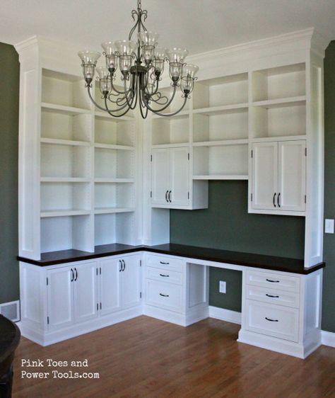 Dining Room/ Home Office built-ins #builtindesk #builtinbookcase #builtinbookshelves #woodworkingdiy Office Built Ins Corner, Corner Built In, Home Office Built Ins, Office Built Ins, Dream Craft Room, Dining Room Home Office, Craft Room Office, Built In Desk, Craft Room Ideas