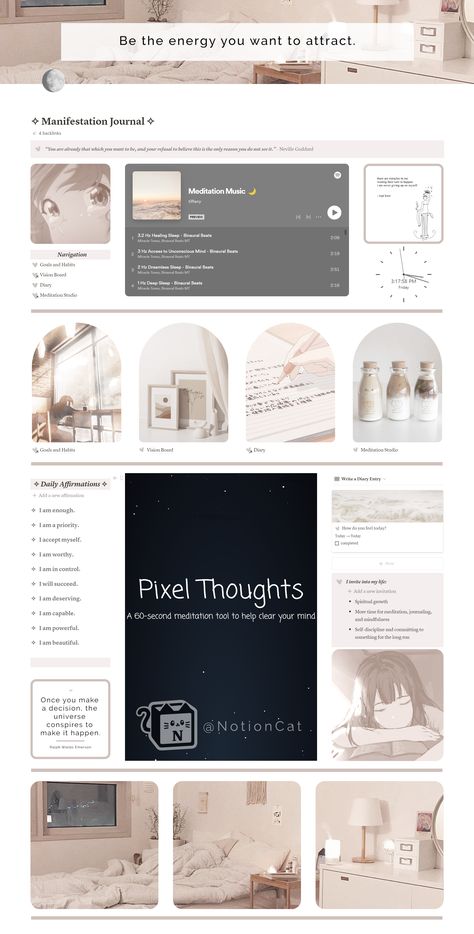 aesthetic manifestation notion template ♡ Notion Coffee Theme, Notion Template Poetry, Notion Affirmation Page, Notion Personal Dashboard Aesthetic, Notion Diary Ideas, Spiritual Notion Template, Notion Landing Page, Notion Affirmation Template, Manifestation Notion Template