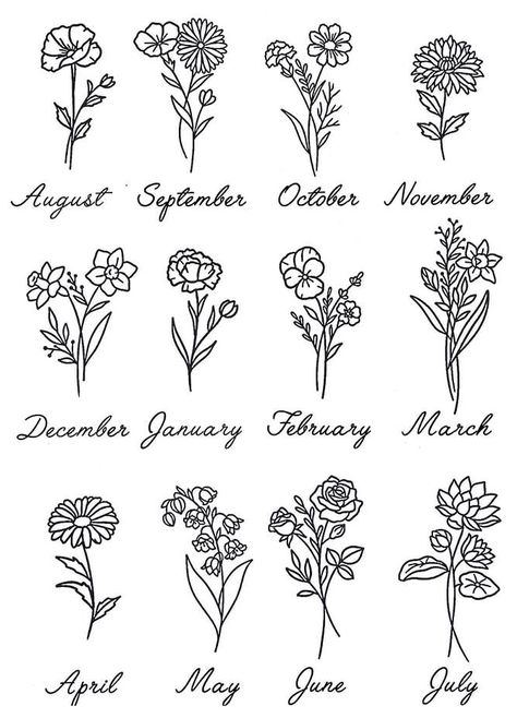 Flowers Cricut, Birth Animal, Month Animals, Baby Tattoo Designs, B Tattoo, Baby Tattoos, Month Flowers, Birth Month Flowers, Black And White Illustration