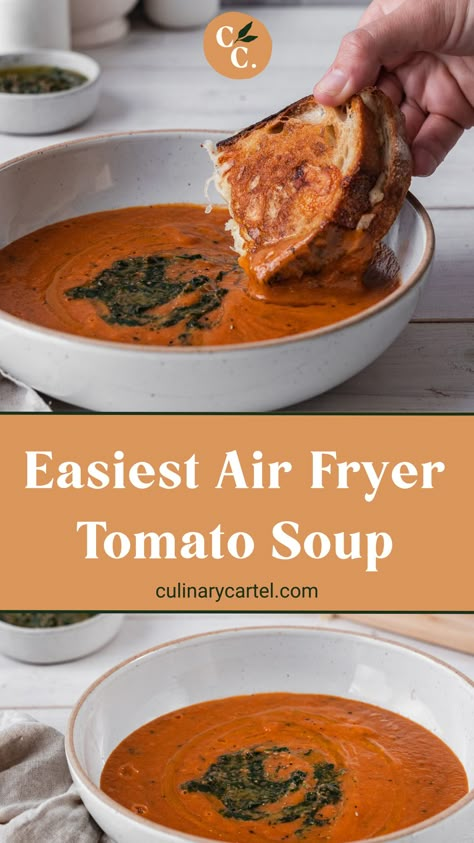 This is the ultimate comfort dish, and it’s truly the easiest tomato soup recipe ever – plus it’s made with an air fryer! Win! #airfryerrecipes #airfryer #airfryerrecipeshealthy #tomatosoup #tomatosouprecipe #tomatobasilsoup | culinarycartel.com Tomato Soup Air Fryer, Air Fryer Roasted Tomato Soup, Soup In Air Fryer, Air Fryer Tomato Recipes, Air Fryer Tomato Soup, Air Fryer Soup Recipes, Tomato Air Fryer, Tomato Sauce Pasta Recipes, Foods For Easter