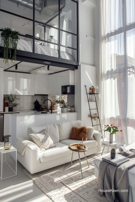 Small Loft Apartment Decorating, Small Loft Apartment, Industrial Decor Bedroom, Loft Apartment Decorating, Studio Apartment Living, Tall Bed, Small Floor Plans, White Apartment, Small Condo