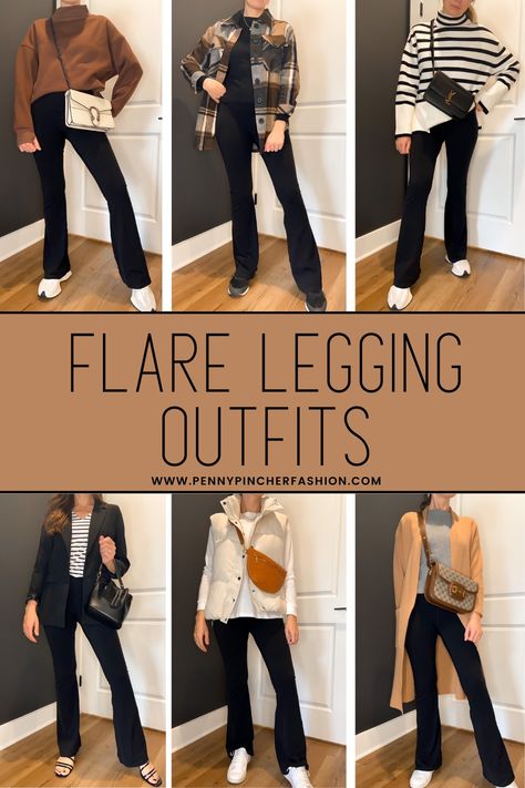 11 Flare Legging Outfits - What to Wear with Flare Leggings - Penny Pincher Fashion Flare Legging Outfits, How To Style Flares, Cute Outfits To Wear To School, Leggings Work Outfit, Outfits With Flares, Flare Leggings Outfit, Leggings Outfit Spring, Outfits Leggins, Leggings Outfit Fall