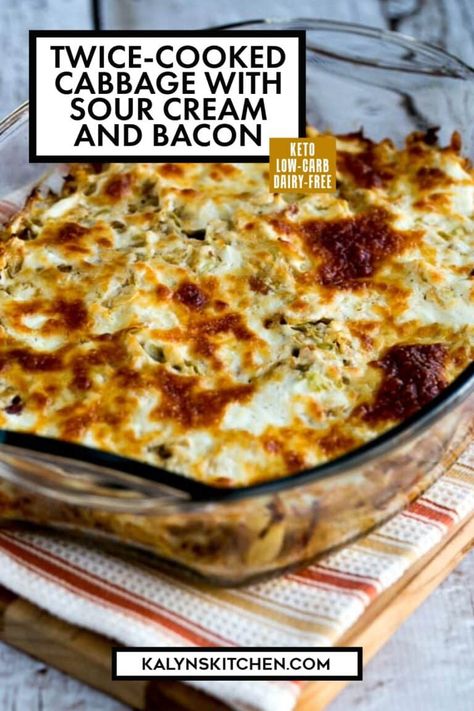 Twice-Cooked Cabbage with Sour Cream and Bacon is really a wow when you're looking for an interesting low-carb and Keto side dish! Or use more bacon if you prefer and eat the tasty twice-cooked cabbage for a main dish! [found on kalynskitchen.com] #TwiceCookedCabbage #CabbageCasserole Twice Cooked Cabbage With Sour Cream And Bacon, Keto Kale Recipes, Cabbage Keto Recipes, Cabbage Keto, Keto Cabbage Recipe, Bacon Cabbage, Cabbage Side Dish, Cabbage Casserole Recipes, Baked Cabbage