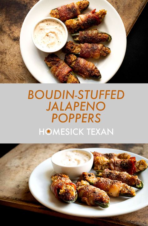 Boudin-stuffed jalapeno poppers | Homesick Texan Recipes With Boudin Sausage, Cajun Appetizers, Boudin Recipe, Boudain Recipes, Boudin Sausage, Boudin Balls, Homesick Texan, Sausage Peppers, Jalapeño Poppers