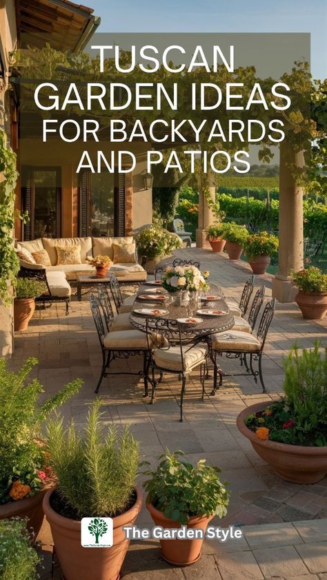 Bring Tuscan flair to your backyard and patio with these creative ideas. Learn how to blend natural beauty with rustic charm for a stunning outdoor retreat. Visit TheGardenStyle.com to explore the Tuscan style and see our recommended affiliate products. Tuscan Courtyard Garden, Italian Porch Ideas, Tuscan Courtyard Ideas, Tuscany Inspired Backyard, Mediterranean Patio Design Ideas, Italian Courtyard Ideas, French Style Backyard, Italian Style Backyard, Tuscan Backyard Ideas