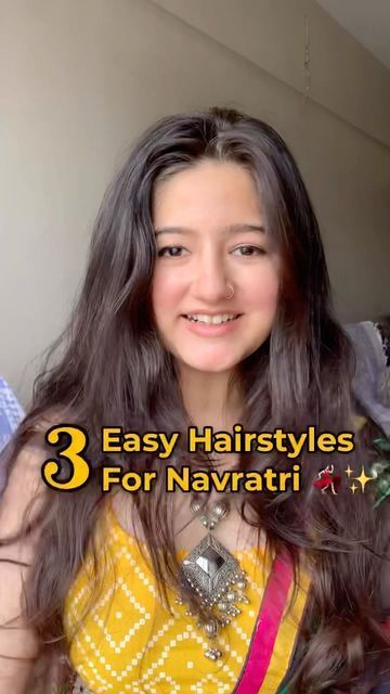 Open Hairstyles For Traditional Wear, Simple Garba Hairstyle, Front Hair Styles With Bun, Bun Hairstyle For Navratri Look, Hairstyles For Short Hair For Traditional Wear, Hair Styles On Traditional Wear, Indian Wear Hairstyles Long Hair, Hairstyles With Traditional Outfit, Haïr Style For Festival