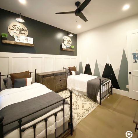 Brothers Room Ideas Shared Bedrooms Bunk Bed, Sons Room Ideas, Bedroom Ideas For 2 Brothers, Room For 2 Brothers, Unique Shared Bedroom Ideas, Double Twin Beds Boys Room, Brother Rooms Shared, Bedroom For Brothers, 2 Twin Beds In One Room Ideas Aesthetic