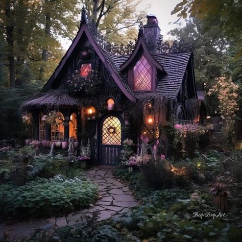 Witchy Houses Exterior, House In The Woods Aesthetic Dark, Witchy House Aesthetic Exterior, Goth Houses Exterior, Witchy Home Exterior, Gothic She Shed, Dark Cottage Exterior, Dream Cottage House, Witch Cottage Exterior