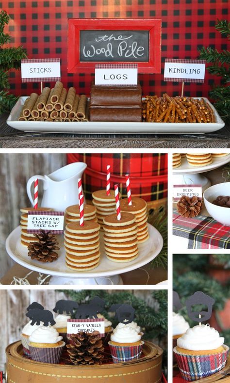 Lumberjack Birthday Party Food Ideas, February First Birthday Boy, February 1st Birthday Ideas Boy, February Birthday Party Ideas For Boys, Plaid Party Ideas, Black Bear Birthday Party, Lumberjack Party Ideas, Birthday Food Ideas, One Happy Camper Birthday