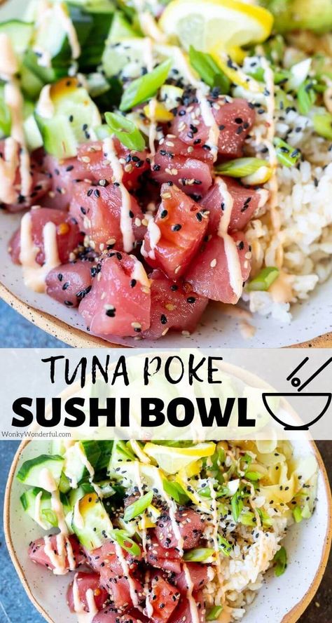 Homemade Sushi Bowl, Easy Homemade Sushi, Tuna Poke Bowl Recipe, Rice Avocado, Ahi Tuna Poke, Sushi Bowl Recipe, Hawaiian Poke, Tuna Rice, Tuna Poke Bowl