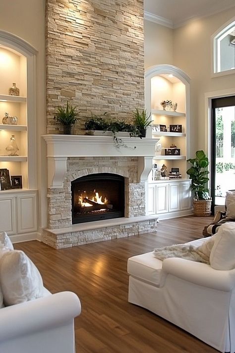 Custom Shelving Living Room Built Ins Fireplace, Stairs Behind Tv Wall, Built Ins By Fireplace With Tv, Fireplaces With Mantels, Tv Not On Fireplace Wall, Built Ins Around Fireplace Tall Ceilings, Craftsman Style Furniture Living Room, Builtin Bookshelves Electric Fireplace, Two Story Fireplace Between Windows