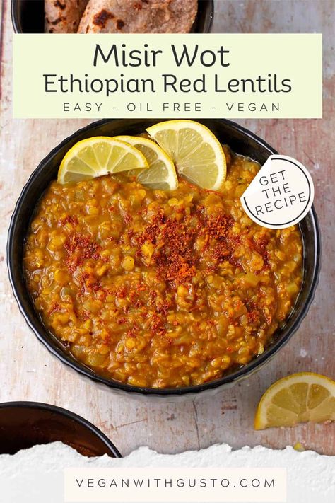 Tantalize your taste buds with the amazing flavor of fragrant and spicy Misir Wot, Ethiopian red lentils with Berbere spice blend, wholesome vegan ingredients, and no added oil. Get the recipe for ingredients, instructions, and pro tips! Berbere Spice Recipes, Berbere Lentils, Berbere Recipe, Ethiopian Lentils, Ethiopian Recipes, Lentils Recipes, Red Lentil Recipes, Jamaican Rice, Berbere Spice