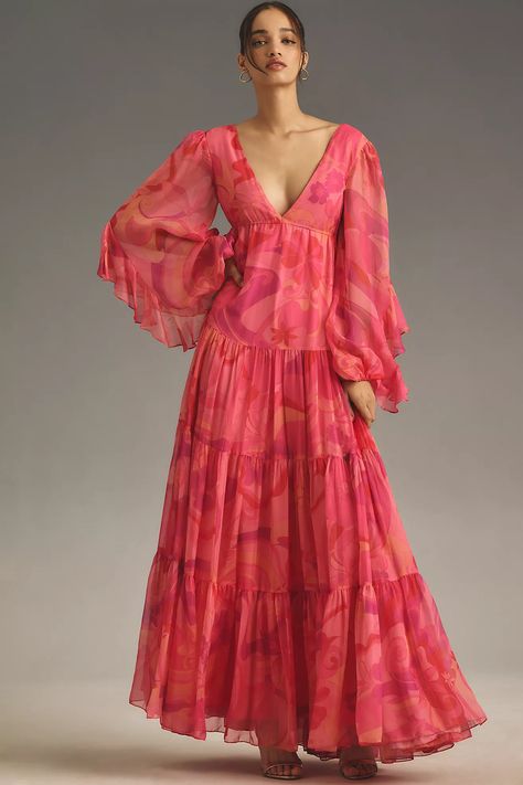 Mac Duggal, Full Midi Skirt, Chiffon Dress Long, Quirky Fashion, Chiffon Long Sleeve, Chiffon Ruffle, Long Sleeve Floral Dress, Pink Maxi Dress, Festival Dress