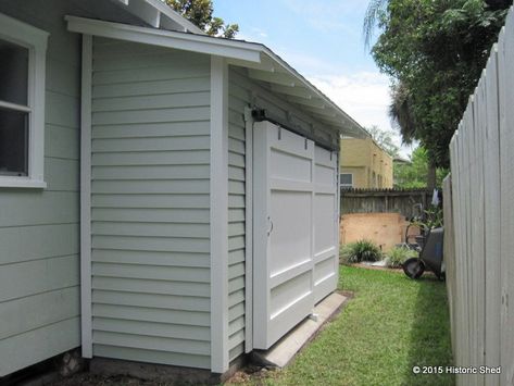 A rarely used side yard became a great place for ample storage with this 16' x 4' storage shed by Historic Shed.   The shed roofed unit fit perfectly under the eaves of this house and exposed rafter tails and traditional trim complemented the architecture.   6' Sliding barn doors allow access in a narrow area where swinging doors would be in the way. The double doors are made of cypress bead board and cypress trim.   The homeowners were able to free up space in their small backyard by… Side Yard Storage, Living Storage Ideas, Yard Storage, Storage Outdoor, Yard Sheds, Lawn Mower Storage, Backyard Storage Sheds, Side Yards, Backyard Storage