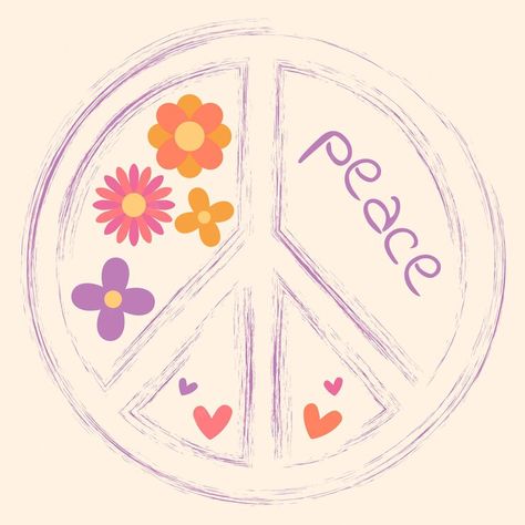 Pegatina de icono en estilo hippie con texto de signo de paz paz y flores sobre fondo beige estilo retro | Vector Premium La Paz, Gratitude, Tatting, Estilo Hippy, Estilo Hippie, Retro Vector, Estilo Retro, Pattern