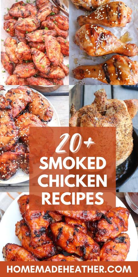 20+ Smoked Chicken Recipes - delicious, perfectly smoked chicken! Chicken Recipes Smoker, Smoked Chicken Wings Marinade, What To Make With Smoked Chicken, Smoked Chicken Appetizer, Smoked Drumsticks Chicken, Chicken Smoker Recipes, Smoker Chicken Recipes, Smoked Chicken Breast Recipe, Smoker Recipes Chicken