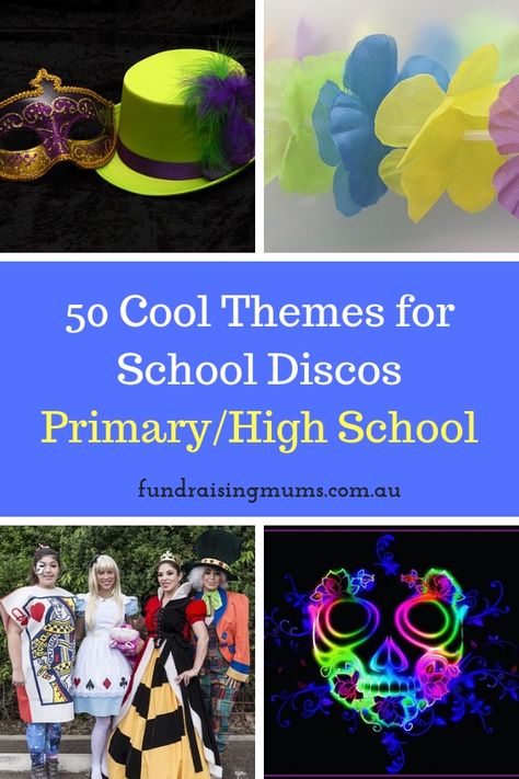 50 Cool and Unique Themes for School Discos | Fundraising Mums Theme Fundraiser Events, Fun School Dance Themes, Elementary School Dance Theme, 6th Grade Dance Theme Ideas, Themes For School Dances, Dance Themes Elementary, School Disco Theme Ideas, School Disco Ideas, 5th Grade Dance Themes