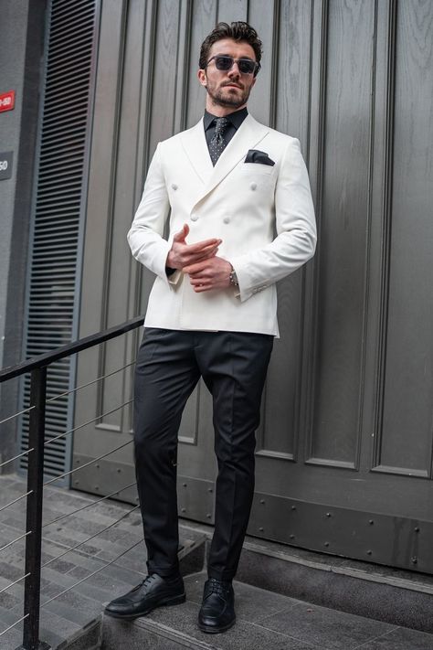 Embrace the art of refinement with our White Double Breasted Blazer. Impeccably tailored to accentuate your style, this iconic piece exudes timeless elegance and sophistication. Whether you're navigating the bustling city streets or attending an exclusive event, command attention with confidence and grace in this exquisite blazer.

#whiteblazer #blazer #doublebreasted #suit #suits #slimfit #menstyle #menfashion #fashioninspo #formalwear #menclothing Double Breasted Suit Men Wedding, White Double Breasted Blazer, White Blazer Men, Bow Tie Suit, Modern Fit Suit, Double Breasted Tuxedo, Suit Stores, Slim Fit Suit Men, Blazer Men