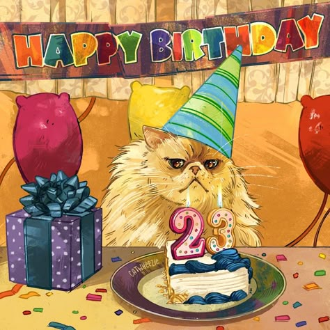 Cat Eating Cake Drawing, Happy Birthday Illustration, Happy Birthday Cat, Birthday Doodle, Cat Expressions, Birthday Cat, Birthday Icon, Happy Birthday Art, Birthday Illustration