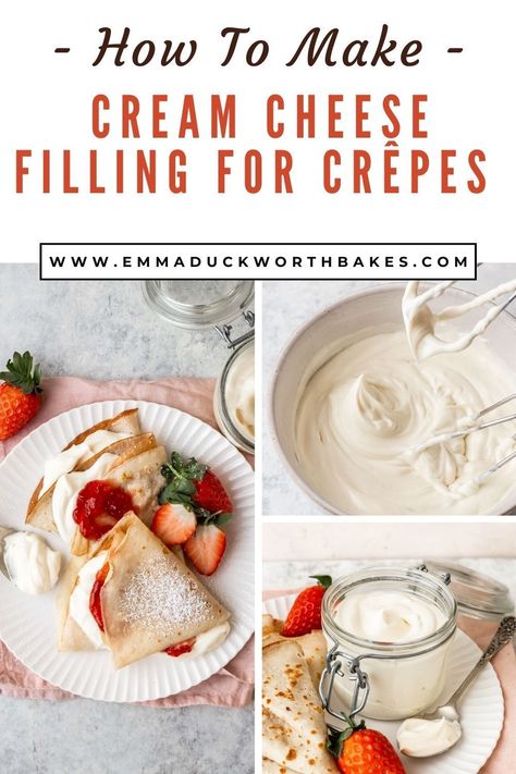 Want to elevate your crêpes? Then try out this incredible Cream Cheese Crêpes Filling that takes only 5 minutes to make. With only 4 ingredients, it's smooth, luxurious, light, and creamy. Perfect for your breakfast crêpes. Cream Cheese Filling For Pancakes, Crepes With Cream Cheese Filling, Crepe Cream Cheese Filling Recipes, Crepe Topping Ideas, Crepes Recipe Easy Filling, Cream Cheese Filling For Crepes, How To Make Crepes, Crepe Filling Recipe, Crepe Filling Ideas