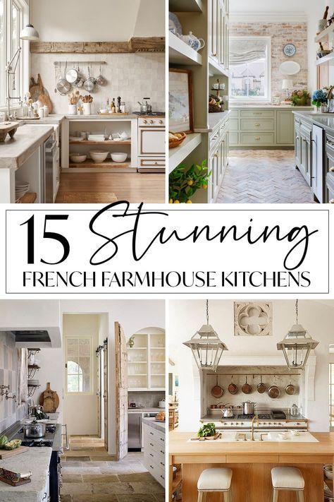 French Kitchen Ideas Farmhouse Style, French Country Decorating Kitchen Farmhouse Style Dining Rooms, Country French Farmhouse Kitchen, French Country Kitchen Island Ideas, Off White Kitchen Cabinets Farmhouse French Country, French Provincial Kitchen Island, Country Sheek Kitchen Ideas, Cottage Farmhouse Kitchen Ideas, Rustic French Farmhouse Kitchen