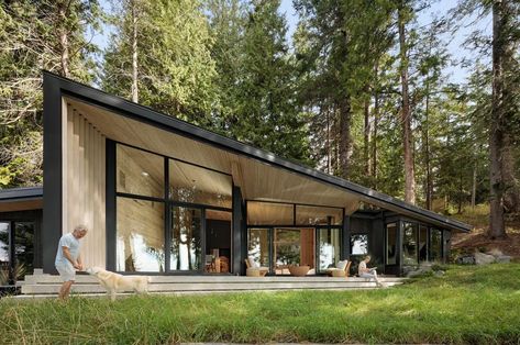 Slanted Roof, Black Cabin, Coastal Architecture, Cedar Cladding, Beach Cove, Roof House, Shed Roof, Bay House, A Frame House