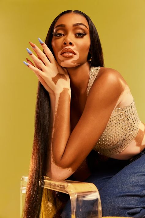 Winnie Harlow Used To Want To Be A Beautuber Michael Myers, Winnie Harlow Instagram, Winnie Harlow, Celebrity Faces, Lots Of Makeup, Michael Myers Halloween, Sitting Pretty, Glowy Skin, Wearing Red