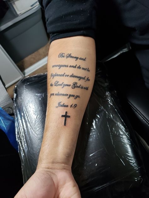 Forearm Verse Tattoo, Bible Verse Fonts Tattoo, Forearm Scripture Tattoo Men, Chest Tattoo Men Ideas Bible Verse, Bible Verse Tattoos For Men Arm Scriptures, Meaningful God Tattoos, Joshua 1:9 Tattoo Women, Forearm Bible Verse Tattoo Men, Bible Verse Sleeve Tattoo