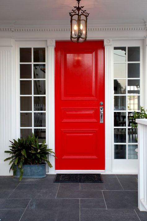 Red Door with Sidelights on White House. #design#designidea #simplefireplace #quality#qualitybuilt Hamptons Exterior, Front Porch Design Ideas, Red Door House, Veranda Design, Porch Design Ideas, Red Front Door, Front Door Paint Colors, Front Porch Design, Door Paint Colors