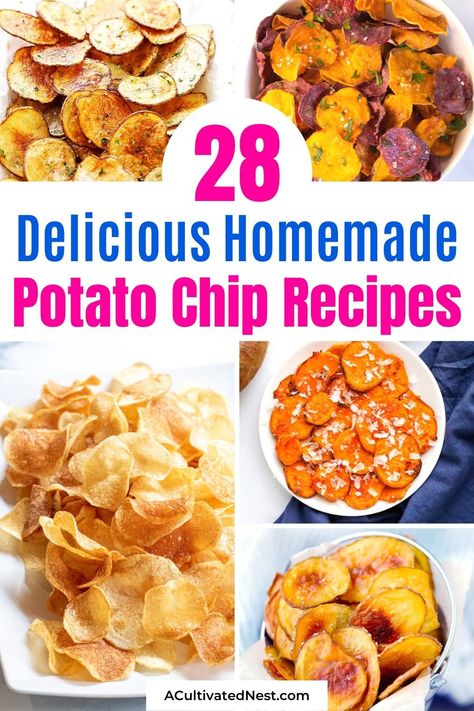 28 Delicious Homemade Potato Chip Recipes- Did you know that it's really easy to make your own homemade potato chips? Here are 28 delicious recipes for you to try! | #potatoChips #recipe #homemadePotatoChips #snackRecipes #ACultivatedNest Homemade Bbq Potato Chips, Make Your Own Chips, Homemade Bbq Chips, Homade Potato Chips, Homemade Potato Chips Recipe, Potato Chips Homemade, Homemade Crisps, Chip Seasoning, Air Fryer Potato Chips