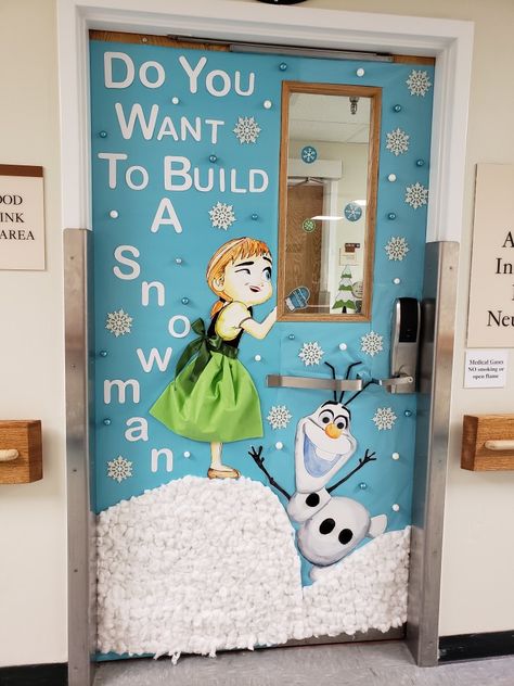 We decorated it for our hospital's unit "door contest".  But I could see it being a great door idea for an elementary school! Disney Holiday Classroom Door, Winter Wonderland Door Decorations For School Decorating Ideas, Decorated Doors For School, Christmas Classroom Door With Window, Frozen Christmas Door Decorating Contest, Christmas Door Ideas For Nursing Home, Christmas Toddler Door Ideas, Winter Door Theme For Classroom, Toddler Christmas Door Ideas