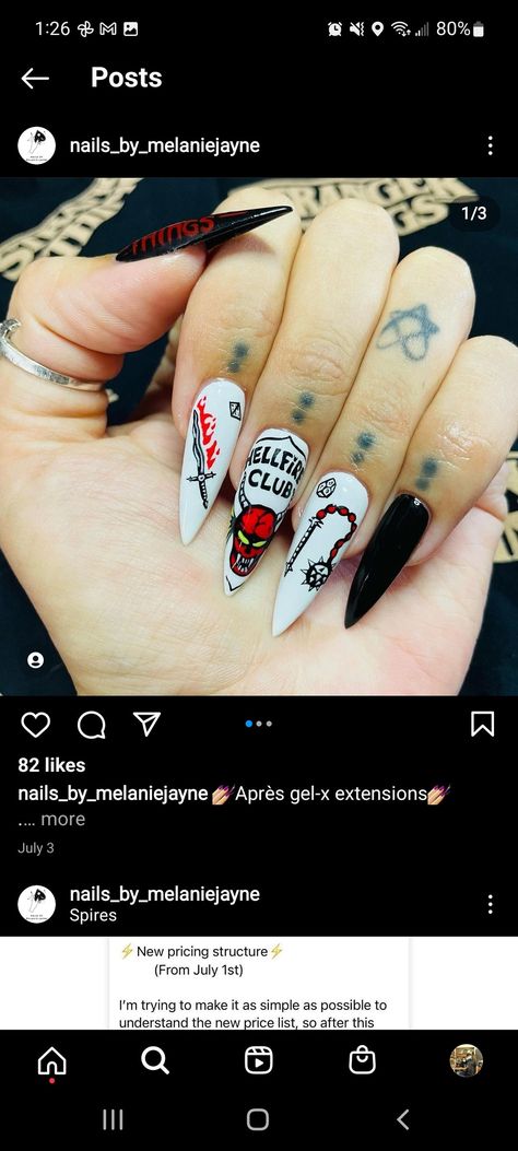 Hellfire Club Nails, Halloween Nails Stranger Things, Stranger Thing Nail Art, Stranger Things Acrylic Nails, Stranger Things Nails Acrylic, Stranger Things Inspired Nails, Stranger Things Nail Ideas, Stranger Things Nails Designs, Stranger Things Nail Art