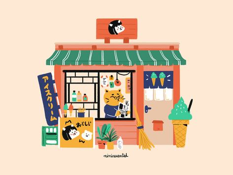 Ice Cream Shop food facade shop ice cream icecream shop character cute illustration japanese characters cat illustration cat facade japan Japanese Facade, Cute Character Design, Ideas For Cats, 달력 디자인, 귀여운 음식 그림, Japanese Store, Cats Drawing, Japanese Illustration, Shop Illustration