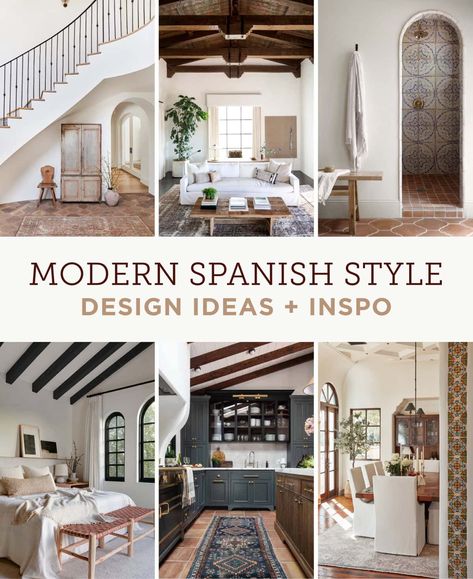 Ideas and inspiration for modern Spanish style home interior design. Learn the 12 key design elements, and decor ideas to get the look! Modern Spanish Home Design, Spanish Interiors Decor Ideas, Spanish Colonial Design Interior, Spanish Style Home Design, Modern Spanish Paint Colors, Mediterranean Spanish Decor, Small Spanish House Plans, Spanish Colonial Living Room Decor, California Spanish Bungalow Interior