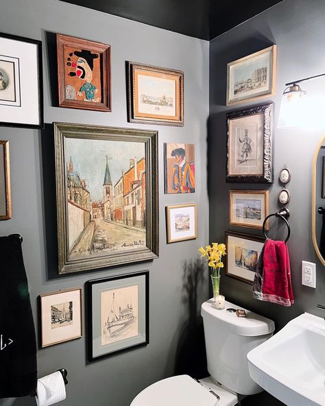 Downstairs Toilet Picture Wall, Corner Gallery Wall Bathroom, Bathroom With Pictures On The Wall, Toilet Gallery Wall, Retro Restroom Decor, Art Gallery Bathroom, Photo Wall Bathroom, Gallery Wall Bathroom Half Baths, Eclectic Half Bathroom