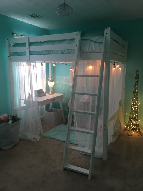 Loft Bed Room Ikea, Window Loft Bed, Ikea Stora Loft Bed Hacks, Loft Bed Inspiration, High Bed Rooms Ideas, Canopy On Loft Bed, Loft Bed For Playroom, Loft Bed Ideas Queen Size, Room Ideas Bedroom Loft Bed