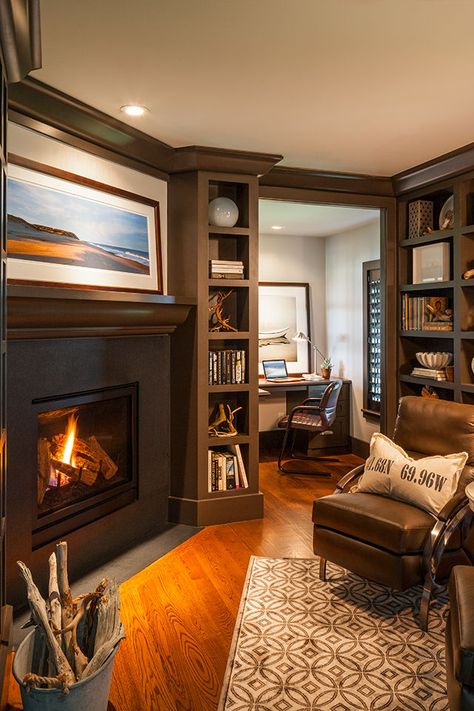 Home Office with Fireplace Sitting Area With Fireplace, Home Library With Fireplace, Work Nook, Library With Fireplace, Office With Fireplace, Library Fireplace, Cozy Home Library, Fireplaces Layout, Home Office Library