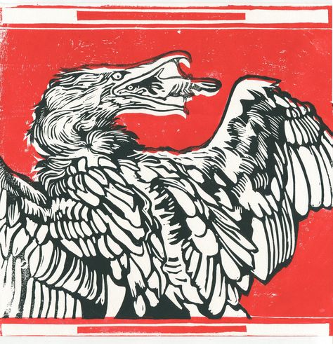 Matt handmade print of the Cormorant bird in black and red colors on premium 200g/m2 paper. Colored Linocut, Color Linocut, Woodcut Animal Tattoo, Printmaking Ideas, Bird Linocut, Cormorant Bird Illustration, Starling Linocut, Crow Block Print, Crow Lino Print