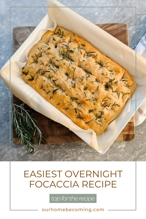 Easy Overnight Focaccia Recipe - ourhomebecoming.com Lace Bakes Overnight Focaccia, Overnight Focaccia Recipe, Foccacia Bread Overnight, No Knead Focaccia Bread, Facassica Bread, Overnight Focaccia Bread Recipe, Faccocia Recipe, Overnight Focaccia Bread, Easy Foccacia Bread