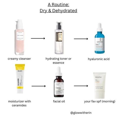 erin | skincare enthusiast on Instagram: "Dry skin and dehydrated skin can feel the same, so here’s a routine that targets both 💙💙 - Herbivore Botanicals Pink Cloud Cleanser - Cosrx Snail Mucin Essence - La Roche Posay Hyalu B5 Serum - Dr Jart Ceramidin Cream - The Ordinary Rosehip Seed Oil - Innisfree Daily UV Defense Sunscreen Dry skin. Dehydrated skin. Sensitive skin. Hydration. Moisture. Winter skincare. Skincare routine. Skincare tips. Skincare advice. Skincare infographic. Anti agin Ordinary Dry Skin Routine, Dry Skin Moisture, Innisfree For Dry Skin, Korean Skincare For Dehydrated Skin, Hydrating Skincare Routine, Cosrx Skin Care Routine For Dry Skin, Skin Care Routine For Dehydrated Skin, Skin Care For Dehydrated Skin, Dry Skin Korean Skincare Routine