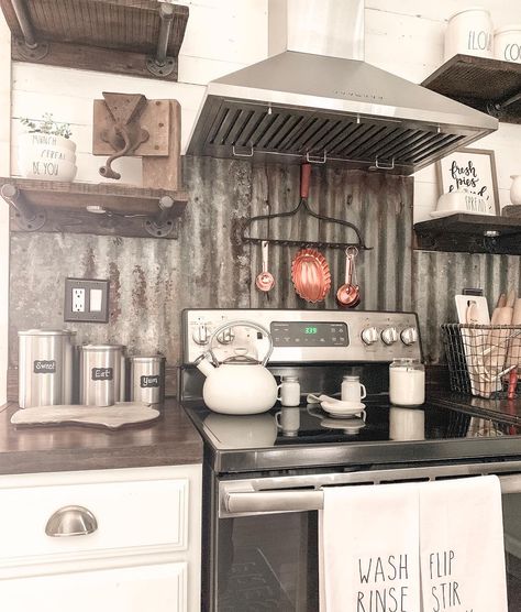 Galvanized Tin Backsplash Kitchen, Galvanized Metal Backsplash, Galvanized Metal Backsplash Kitchen, Metal Tin Backsplash Kitchen, Galvanized Steel Backsplash, Steel And White Kitchen, Corrugated Metal Wall Kitchen, Rustic Metal Backsplash Kitchen, Metal Backsplash Kitchen Farmhouse