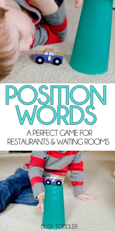 Position Words: The Over Under Game is a perfect activity for waiting rooms and restaurants. Pass the time with this simple no-prep game. Work on math vocabulary and following directions. Positional Words Activities, Preposition Activities, Math Vocabulary Words, Language Development Activities, Toddler Speech, Preschool Language, Math Vocabulary, Following Directions, Indoor Activities For Kids