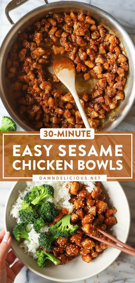 45 reviews · 30 minutes · Gluten free · Serves 4 · Find yourself making this Asian-inspired recipe all week! Crispy on the outside while being tender inside, these saucy Sesame Chicken Bowls are so much better than takeout. Plus, this easy dinner… Quick Weeknight Dinners For Two, Sesame Chicken Bowls, Healthy Dinner Sides, Easy Sesame Chicken, Rice And Broccoli, Chicken Bowls, Berbuka Puasa, Better Than Takeout, Idee Pasto