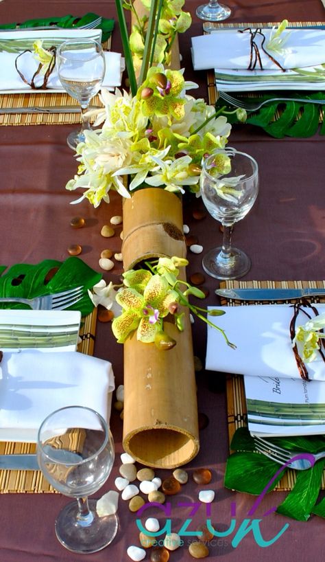 Bamboo Decor Ideas Wedding, Bamboo Wedding Centerpieces, Wedding Bamboo Decor, Bamboo Wedding Decor, Bamboo Vase Ideas, Bamboo Centerpieces, Bamboo Wedding, Jamaican Restaurant, Bamboo Candle