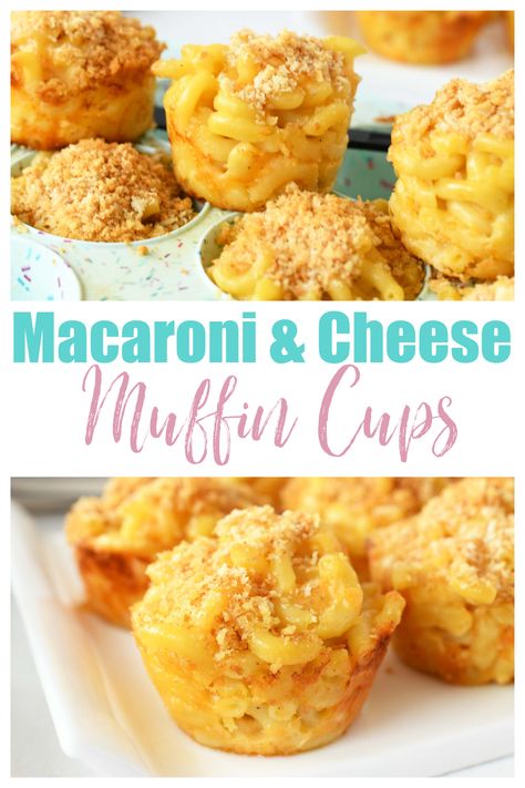 Macaroni and Cheese Muffin Cups. A 2 image collage of baked mac & cheese muffins with text in the center. Macaroni Muffin Cups, Mac And Cheese In Cupcake Tin, Essen, Macaroni And Cheese Muffins, Mac N Cheese Cups Muffin Tins, Macaroni And Cheese Cups Muffin Tins, Mac N Cheese Cupcakes, Easy Fun Dinners, Baked Mac And Cheese Cups