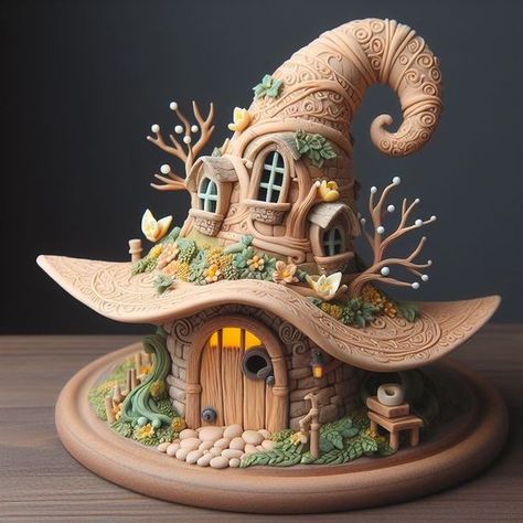 Fairy House Polymer Clay, Diy Clay Gnomes, Halloween Fairy House, Clay House Ideas, Polymer Clay Sculpture Ideas, Fairy House Clay, Polymer Clay Fairy House, Polymer Clay House, Fairy Clay